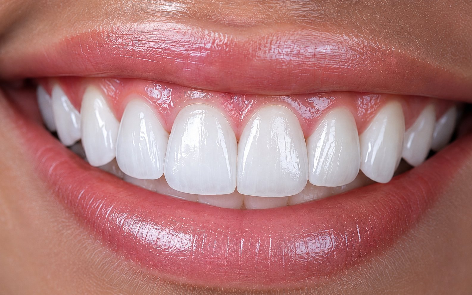 Close-up of porcelain veneers with a natural, polished finish