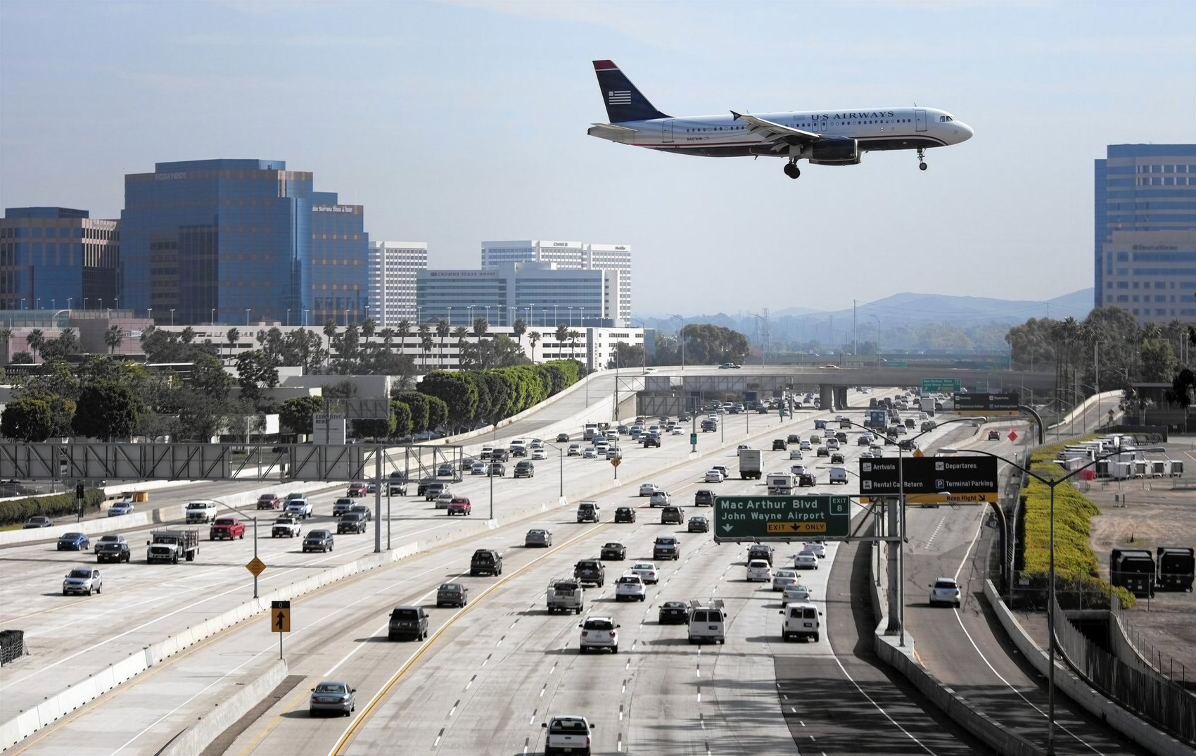 Airliner landing at John Wayne Airport (SNA) near Irvine, California